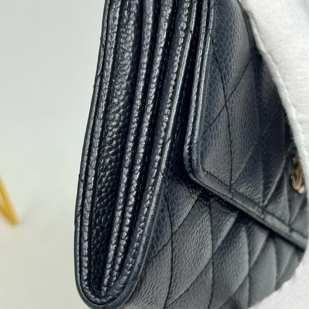 💯Authentic Chanel Black Quilted Caviar Leather Long Wallet Iconic CC Logo - Picture 5 of 9